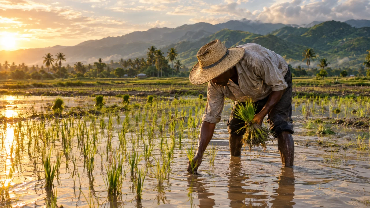 A farmer planting rice in a flooded field at sunrise