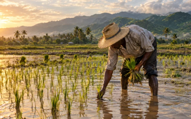 A farmer planting rice in a flooded field at sunrise